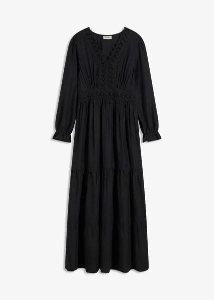 Długa sukienka z wiskozy 100%. Czarne sukienki bonprix, bez wzorów, z koronki, bez kołnierzyka, bez ramiączek, maxi. Za 147.99 zł.