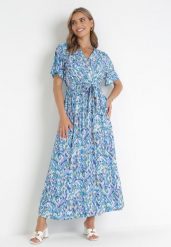 Niebieska Sukienka Maxi z Gumką w Pasie i Metaliczną Nitką Nuccio. Niebieskie sukienki Born2be, na co dzień, m, bez wzorów, z materiału, bez kołnierzyka, bez ramiączek, maxi, kopertowe. Za 99.99 zł.