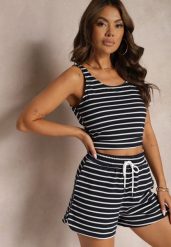 Granatowe Szorty Dresowe High Waist z Bawełny w Paski Ściągane Troczkiem Celisea. Niebieskie szorty Renee, bez wzorów, z bawełny, eleganckie, z podwyższonym stanem. Za 64.99 zł.