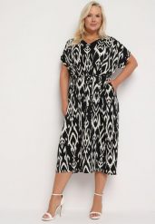 Czarna Rozkloszowana Sukienka z Koszulową Górą i Materiałowym Paskiem w Talii Jasefia. Czarne sukienki Born2be, na co dzień, plus size, z aplikacjami, z materiału, bez kołnierzyka, plus size, bez ramiączek, midi, koszulowe. Za 74.99 zł.