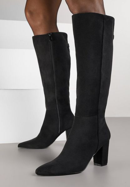 Czarne Kozaki do Kolan z Imitacji Zamszu na Słupku Nenilea. Czarne kozaki Born2be, bez obcasa, na obcasie, bez zapięcia. Za 149.99 zł.