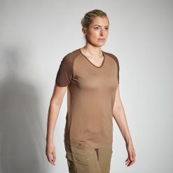 Koszulka outdoor z krótkim rękawem damska Solognac 500 oddychająca. Brązowe bluzki SOLOGNAC, m, bez wzorów, z materiału, sportowe, bez kołnierzyka, bez ramiączek. W wyprzedaży za 39.99 zł.