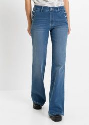 Jeansy dzwony, mid waist, bawełna organiczna. Niebieskie jeansy bonprix, bez wzorów. Za 179.99 zł.