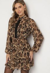 Brązowa Rozkloszowana Sukienka ze Stójką i Falbankami w Panterkowy Wzór Labinora. Brązowe sukienki Born2be, na co dzień, l, bez wzorów, eleganckie, bez kołnierzyka, bez ramiączek, mini, kopertowe. Za 159.99 zł.