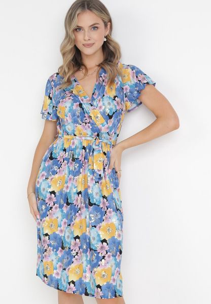 Niebiesko-Żółta Rozkloszowana Sukienka z Metaliczną Nitką i Wiązanym Paskiem Noldan. Niebieskie sukienki Born2be, na lato, l, bez wzorów, z materiału, bez kołnierzyka, bez ramiączek, rozkloszowane. Za 69.99 zł.