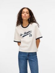 Vero Moda Koszulka w kolorze kremowo-granatowym rozmiar: M. Brązowe bluzki Vero Moda, m, bez wzorów, z bawełny, bez kołnierzyka, bez ramiączek. Za 79.59 zł.