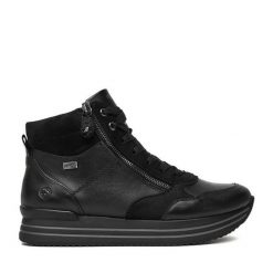 Sneakersy Remonte. Czarne botki Remonte, bez wzorów, bez obcasa, na płaskiej podeszwie, bez zapięcia. Za 469.99 zł.