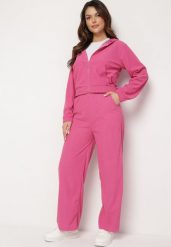 Fuksjowy Sztruksowy Komplet Dresowy Bluza z Kapturem i Szerokie Spodnie z Kieszeniami Makeria. Czerwone bluzy Born2be, m, bez wzorów, z dresówki, z kapturem. Za 84.99 zł.