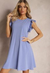 Jasnoniebieska Trapezowa Sukienka z Elastycznej Bawełny z Falbankami Przy Ramionach Aleradia. Niebieskie sukienki Renee, na imprezę, na lato, l, bez wzorów, z bawełny, bez kołnierzyka, bez ramiączek, mini, trapezowe. Za 44.99 zł.