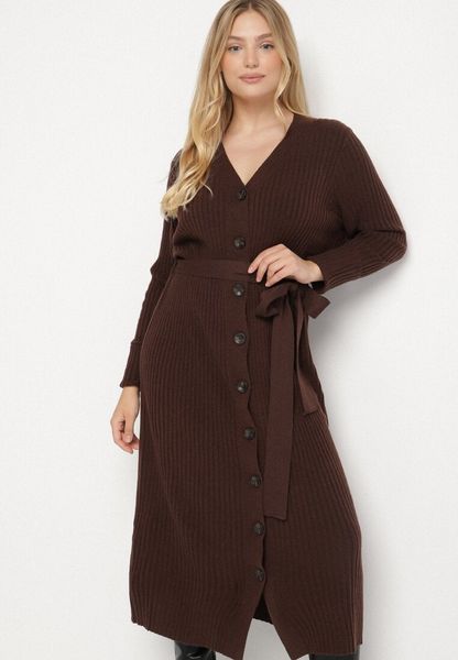 Brązowa Sukienka na Guziki z Prążkowanej Dzianiny z Dodatkiem Wełny Nalisea. Brązowe sukienki Born2be, na co dzień, m, bez wzorów, z dzianiny, klasyczne, bez kołnierzyka, bez ramiączek, proste. Za 169.99 zł.