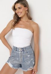 Niebieskie Bawełniane Szorty Jeansowe z Wysokim Stanem Galagia. Niebieskie szorty Born2be, bez wzorów, z bawełny, eleganckie, z podwyższonym stanem. Za 44.99 zł.