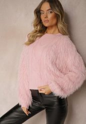 Różowy Sweter o Futrzanym Wykończeniu z Wełną Meriaune. Czerwone swetry Renee, na zimę, bez wzorów, z futra, bez ramiączek. Za 109.99 zł.