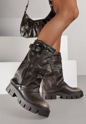 Brązowe Botki Biker Boots z Cholewką Imitującą Nogawkę z Klamerką Veresta. Brązowe botki Renee, z aplikacjami, z koronki, bez obcasa, na płaskiej podeszwie, bez zapięcia. Za 169.99 zł.