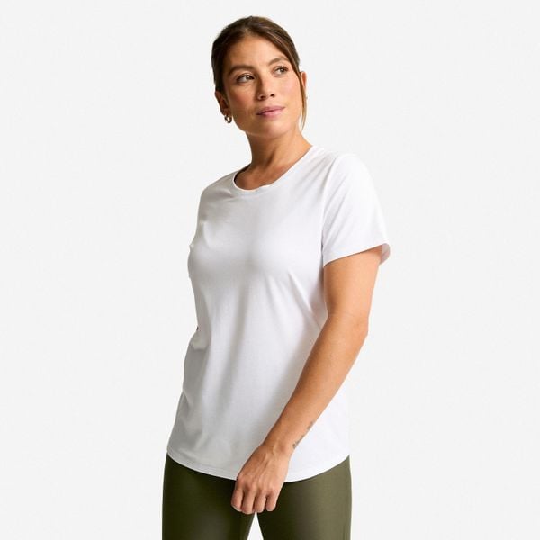 Koszulka fitness damska krótki rękaw Coolmax. Białe bluzki DECATHLON, xl, bez wzorów, z bawełny, sportowe, bez kołnierzyka, bez ramiączek. Za 44.99 zł.