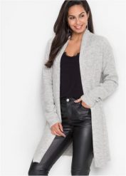 Sweter bez zapięcia z szalowym kołnierzem. Szare swetry bonprix, bez wzorów, bez ramiączek. Za 124.99 zł.