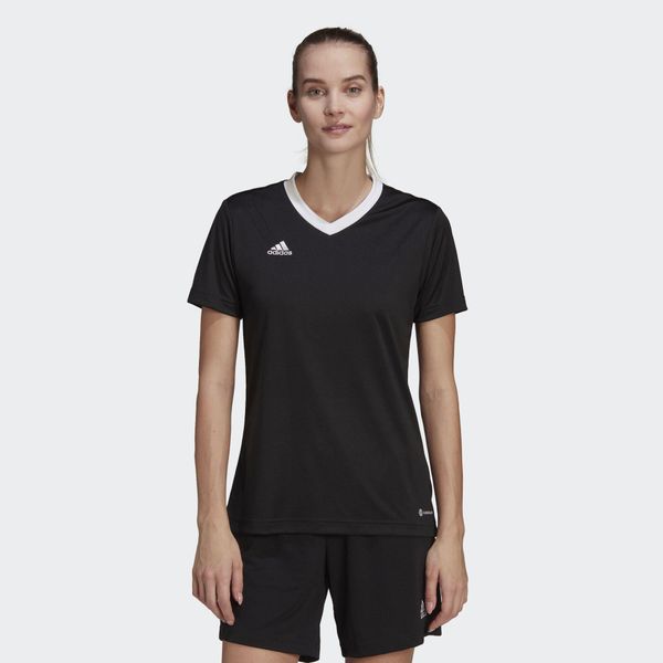 Koszulka piłkarska damska Adidas Entrada 22 Jersey. Czarne bluzki Adidas, l, bez wzorów, z jersey, sportowe, bez kołnierzyka, bez ramiączek. Za 64.00 zł.