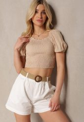 Białe Szorty z Bawełny High Waist o Kroju Bermudów Zapinane na Zamek Błyskawiczny i Guzik z Plecionym Paskiem z Klamrą Iannestra. Białe szorty Renee, bez wzorów, z bawełny, z podwyższonym stanem. Za 89.99 zł.
