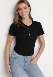 Czarny Bawełniany T-shirt Ozdobiony Marszczeniem i Łańcuszkiem Olitrea. Czarne t-shirty Born2be, m, bez wzorów, z bawełny, bez kołnierzyka, bez ramiączek. W wyprzedaży za 42.49 zł.