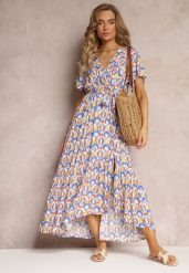 Niebieska Sukienka z Wiskozy i Kopertowym Dekoltem w Fantazyjny Print Abai. Niebieskie sukienki Renee, na lato, l, z aplikacjami, z wiskozy, bez kołnierzyka, bez ramiączek, maxi, kopertowe. Za 64.99 zł.