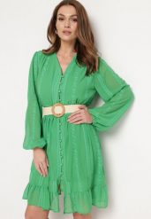 Zielona Sukienka Nesilwyn. Zielone sukienki Born2be, m, bez wzorów, z tkaniny, boho, bez kołnierzyka, bez ramiączek, mini, rozkloszowane. Za 79.99 zł.