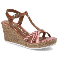 Czerwone Sandały Tamaris Wygodne Buty Damskie. Czerwone sandały Tamaris, bez wzorów, z gumy, eleganckie, bez obcasa, na koturnie, bez zapięcia. Za 169.00 zł.