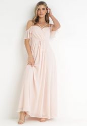 Różowa Maxi Sukienka o Rozkloszowanym Fasonie na Cienkich Skrzyżowanych Ramiączkach Hendina. Czerwone sukienki Born2be, na imprezę, l, bez wzorów, bez kołnierzyka, bez ramiączek, maxi, kopertowe. Za 149.99 zł.