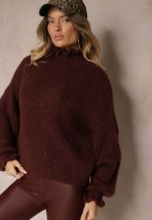 Bordowy Golf z Wełną i Wiskozą Oversize Ozdobiony przy Dekolcie z Falbanką Ninnatria. Czerwone golfy Renee, l, z aplikacjami, z wełny, bez ramiączek. Za 159.99 zł.