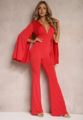 Czerwony Dopasowany Kombinezon z Rozkloszowanymi Rękawami i Głębokim Dekoltem Andrika. Czerwone sukienki Renee, na co dzień, m, bez wzorów, eleganckie, bez kołnierzyka, bez ramiączek, dopasowane. Za 114.99 zł.