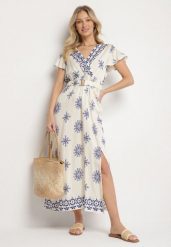 Niebieska Sukienka w Ornamentalny Wzór z Elastycznym Paskiem Tosvanna. Niebieskie sukienki Born2be, na co dzień, l, z aplikacjami, eleganckie, bez kołnierzyka, bez ramiączek, maxi, kopertowe. Za 79.99 zł.