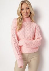 Różowy Sweter z Golfem w Warkoczowy Splot ze Ściągaczami Maraiwai. Czerwone golfy Born2be, na jesień, bez wzorów, ze splotem, bez ramiączek. Za 109.99 zł.