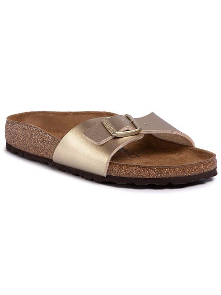 Birkenstock Klapki Madrid Bs 1016107 Złoty. Żółte klapki Birkenstock, bez wzorów, ze skóry, bez obcasa. Za 279.99 zł.