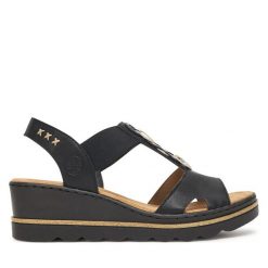 Sandały Rieker. Czarne sandały Rieker, bez wzorów, bez obcasa, na koturnie, bez zapięcia. Za 259.99 zł.