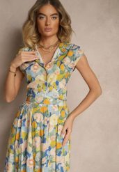 Niebiesko-Żółta Koszula z Bawełny w Kwiaty Natilea. Niebieskie koszule Renee, l, bez wzorów, z bawełny, eleganckie, bez kołnierzyka, bez ramiączek. Za 69.99 zł.