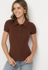 Brązowy Bawełniany T-shirt Prążkowany Typu Polo z Guzikami Avelavia. Brązowe t-shirty Born2be, m, bez wzorów, z bawełny, bez kołnierzyka, bez ramiączek. Za 69.99 zł.