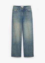 Dżinsy z szerokimi nogawkami, high waist. Niebieskie jeansy bonprix, bez wzorów, z podwyższonym stanem. Za 129.99 zł.
