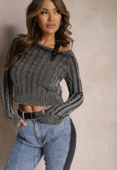 Szary Krótki Sweter ze Splotem i Paskiem z Ekoskóry przy Ramieniu Celvira. Czarne swetry Renee, na zimę, bez wzorów, ze splotem, bez ramiączek. Za 149.99 zł.