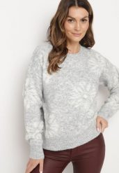 Jasnoszary Sweter z Wełną o Prostym Kroju w Kwiatowy Wzór Tinthera. Szare swetry Born2be, bez wzorów, z wełny, bez ramiączek. Za 149.99 zł.