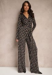 Czarny Kopertowy Kombinezon z Wiskozą z Szerokimi Nogawkami i Paskiem w Geometryczny Wzór Botavia. Brązowe sukienki Renee, na co dzień, l, bez wzorów, z materiału, eleganckie, bez kołnierzyka, bez ramiączek, kopertowe. Za 139.99 zł.