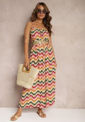 Czerwono-Zielona Wiskozowa Sukienka z Regulowanymi Ramiączkami i Paskiem w Talii Vikitha. Czerwone sukienki Renee, na co dzień, l, bez wzorów, z jeansu, bez kołnierzyka, bez ramiączek, maxi, proste. Za 99.99 zł.