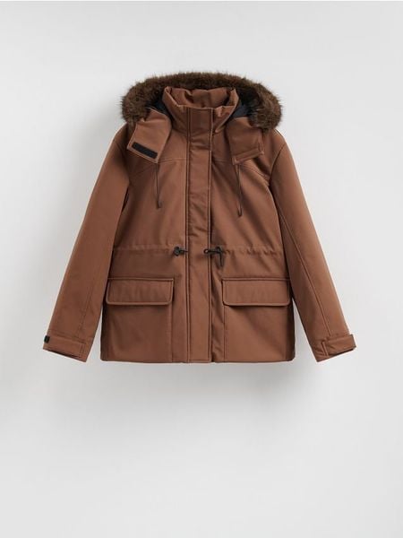 Kurtka parka z kapturem - brązowy. Brązowe kurtki Reserved, l, bez wzorów, z tkaniny, z kapturem. Za 399.99 zł.