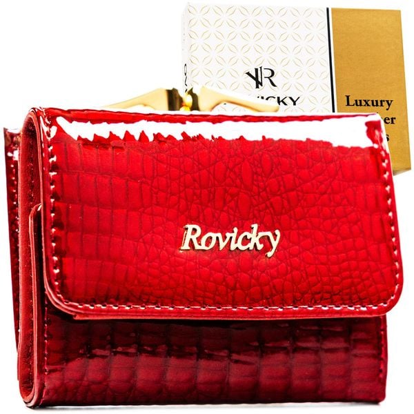 Mały, czerwony portfel damski ze skóry naturalnej z systemem RFID RH-32-1-RS Rovicky. Czerwone portfele ROVICKY, bez wzorów, z lakierowanej skóry. Za 94.99 zł.