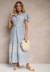 Niebieska Rozkloszowana Sukienka w Stylu Boho z Paskiem Zdobiona Haftem Falbanami Vallsara. Niebieskie sukienki Renee, na co dzień, na lato, z aplikacjami, boho, bez kołnierzyka, bez ramiączek, maxi, kopertowe. Za 139.99 zł.