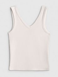 4F Top slim z prążkowanej dzianiny damski - biały XL. Białe topy 4f, uniwersalny, bez wzorów, z bawełny, bez kołnierzyka, bez ramiączek. Za 59.99 zł.