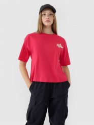 4F T-shirt oversize z nadrukiem damski - różowy S. Czerwone t-shirty 4f, s, bez wzorów, z bawełny, bez kołnierzyka, bez ramiączek. W wyprzedaży za 39.99 zł.