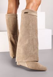 Ciemnobeżowe Kozaki z Wywiniętą Cholewką na Koturnie Turade. Brązowe kozaki Renee, bez obcasa, na koturnie, bez zapięcia. Za 109.99 zł.