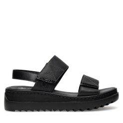 Sandały Rieker. Czarne sandały Rieker, bez wzorów, bez obcasa, na płaskiej podeszwie, bez zapięcia. Za 299.99 zł.