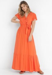 Pomarańczowa Sukienka Diomeira. Brązowe sukienki Born2be, l, bez wzorów, z tkaniny, eleganckie, bez kołnierzyka, bez ramiączek, maxi, kopertowe. Za 69.99 zł.