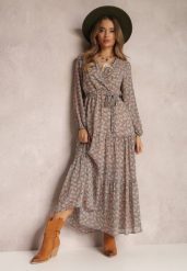 Beżowo-Granatowa Sukienka Maxi Boho Edei. Brązowe sukienki Renee, l, bez wzorów, z tkaniny, boho, bez kołnierzyka, bez ramiączek, maxi, kopertowe. Za 59.99 zł.