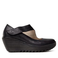 Półbuty Fly London. Czarne czółenka Fly London, bez wzorów, bez obcasa, na koturnie, bez zapięcia. Za 399.99 zł.