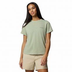 Koszulka damska Columbia Sun Trek Short Sleeve II Tee z krótkim rękawem. Zielone koszulki sportowe Columbia, bez wzorów, bez ramiączek. Za 130.20 zł.